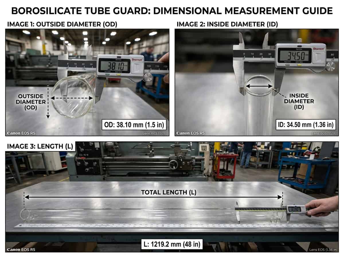 mesurer l’abat-jour en verre de protection — mesure du tube de protection montrant le diamètre extérieur, le diamètre intérieur, la longueur et les dimensions du capuchon d’extrémité pour une gaine en verre borosilicate sur une lampe linéaire