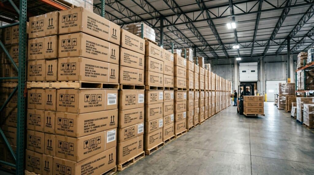 Interior view of a warehouse with neatly stacked boxes of glass lampshades and a forklift in operati.