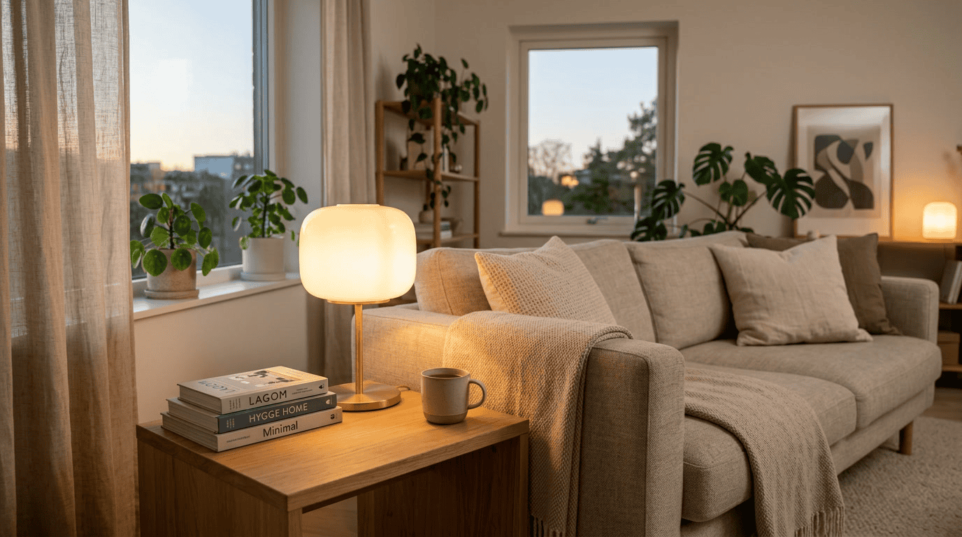 Salon moderne avec lampe de table présentant un nouvel abat-jour en verre opalescent remplacé, lumière chaude du soir, photographie intérieure éditoriale