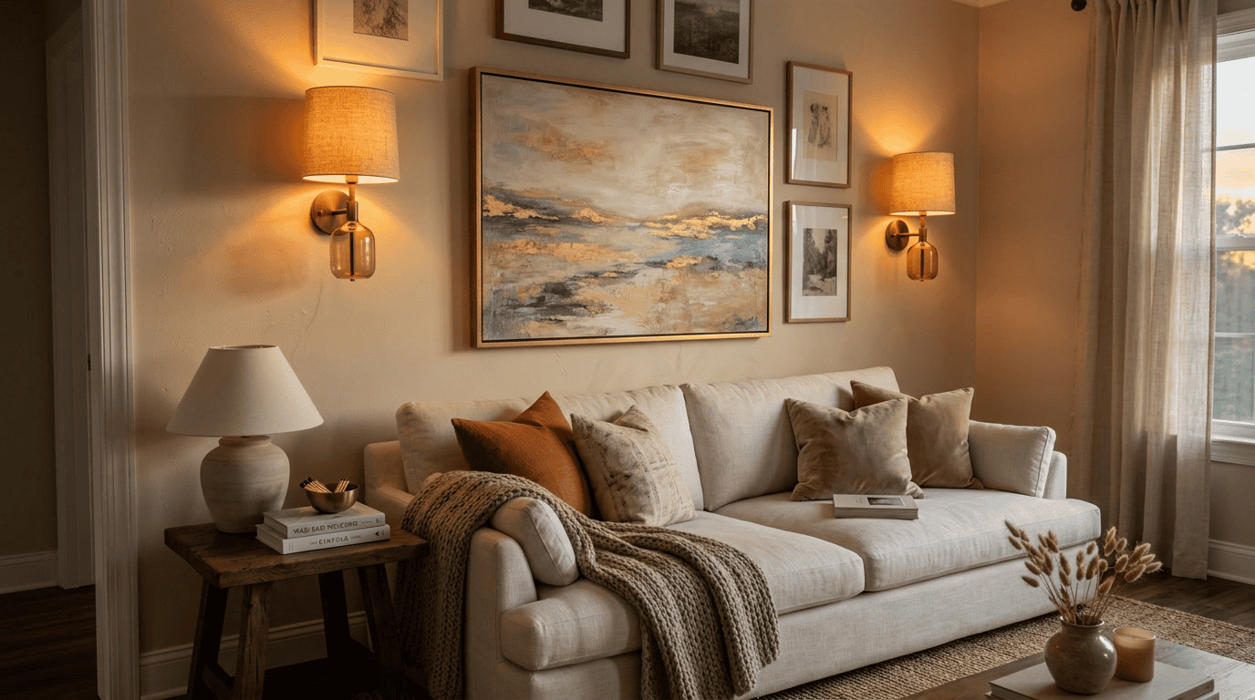 wall light shades — closing visual of a beautifully styled room featuring glass and linen wall sconces