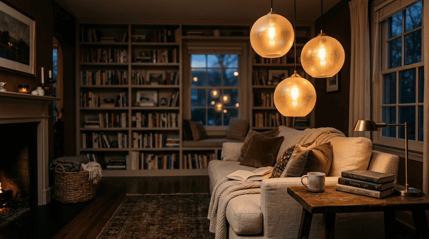 light with glass shade — warm atmospheric photo of a glass globe pendant light glowing over a living room side table