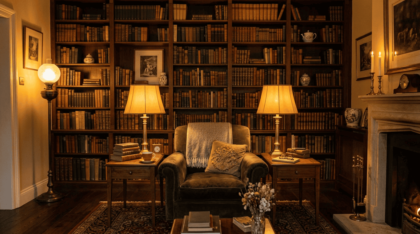 lamp shades for vintage lamps — closing visual showing a beautifully lit vintage sitting room with period-accurate table and floor lamps casting warm amber light
