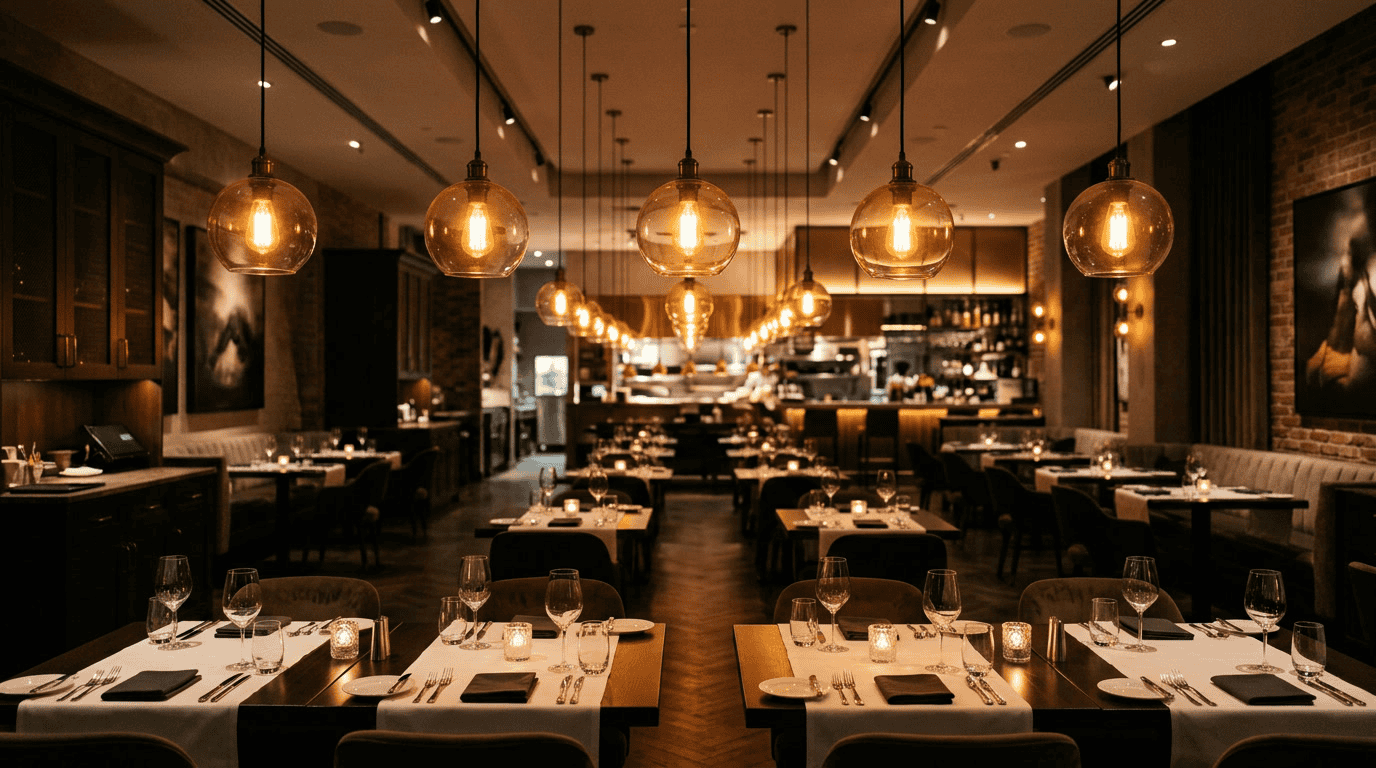hotel lamp shades — hotel restaurant with elegant glass pendant shades glowing warm amber over dining tables, upscale hospitality interior