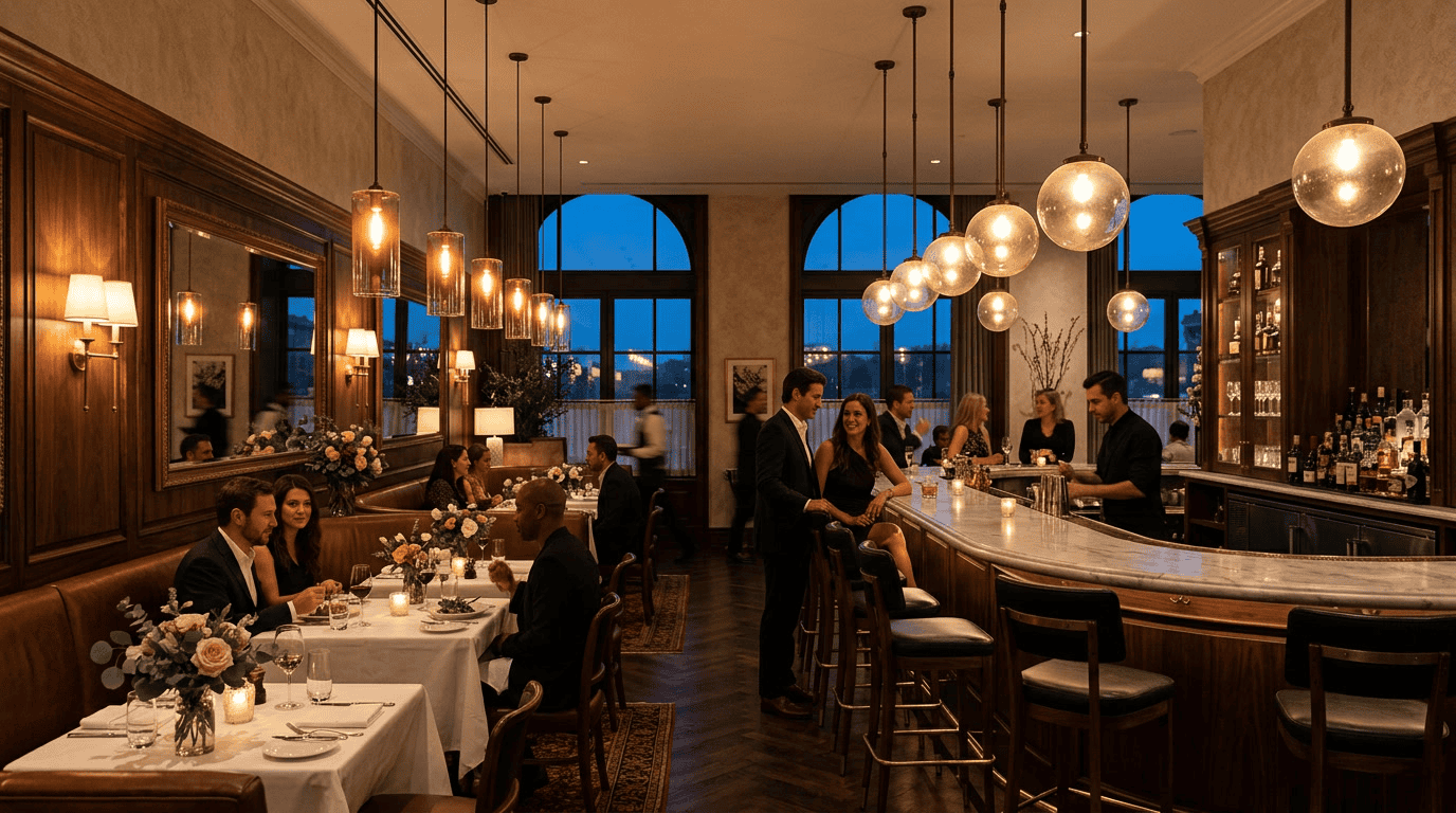 Haupttypen von Hotel-Lampenschirmen – Hotelbar-Interieur mit unterschiedlichen Glasschirmtypen: klare Kugel-Pendelleuchten und geriffelte Zylinder-Wandleuchten im warmen Abendlicht