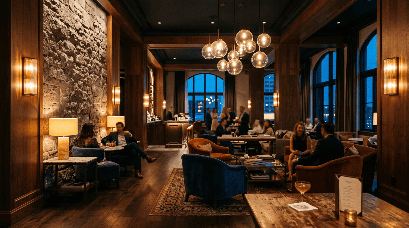Hotel-Glaslampenschirme – Hotellobby-Lounge mit handgeblasenen Glaspendeln und opalen Trommel-Tischlampen, warme Bernstein-Atmosphäre am Abend