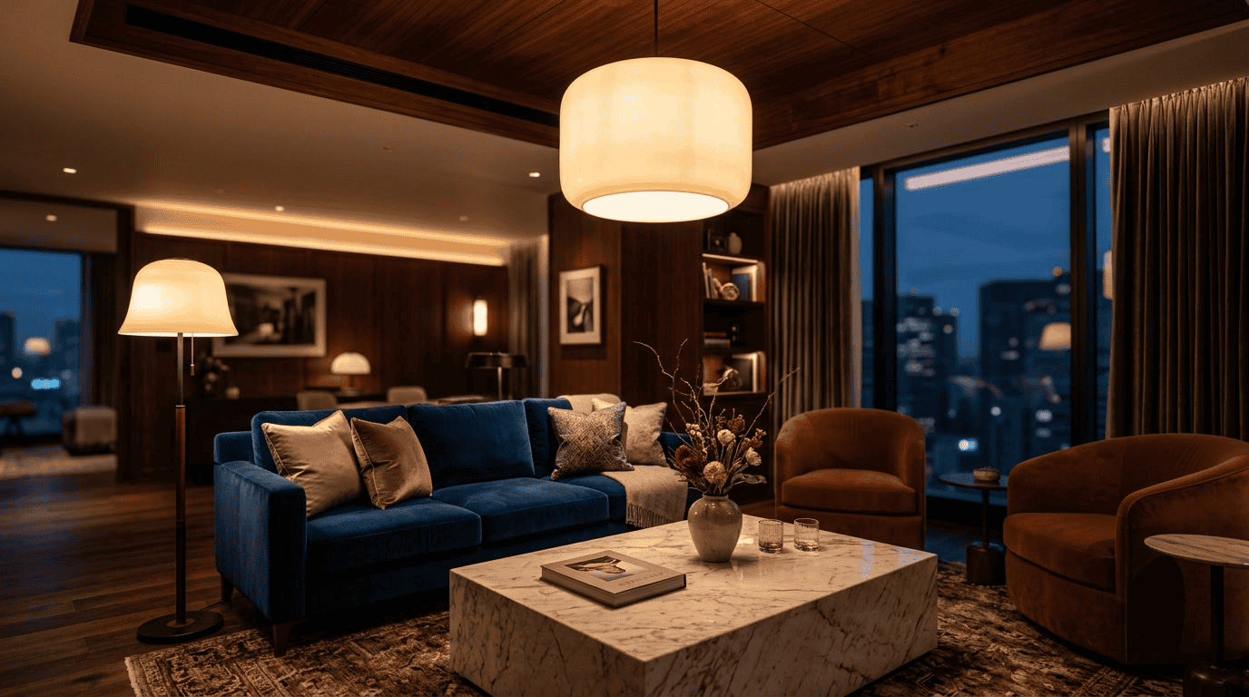Glasschirme für Hotelzimmer – Hotelsuite-Wohnbereich mit großem handgeblasenem opalem Glas-Trommelpendel über dem Sitzbereich und abgestimmter Glocken-Glas-Stehlampe, warme bernsteinfarbene Abendatmosphäre