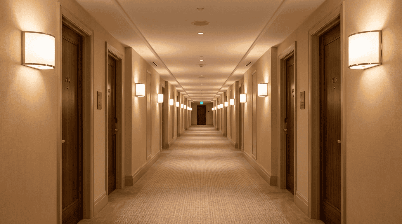 hotel lamp shade replacement — hotel guestroom corridor showing perfectly matched replacement frosted glass drum wall sconce shades consistent warm amber glow