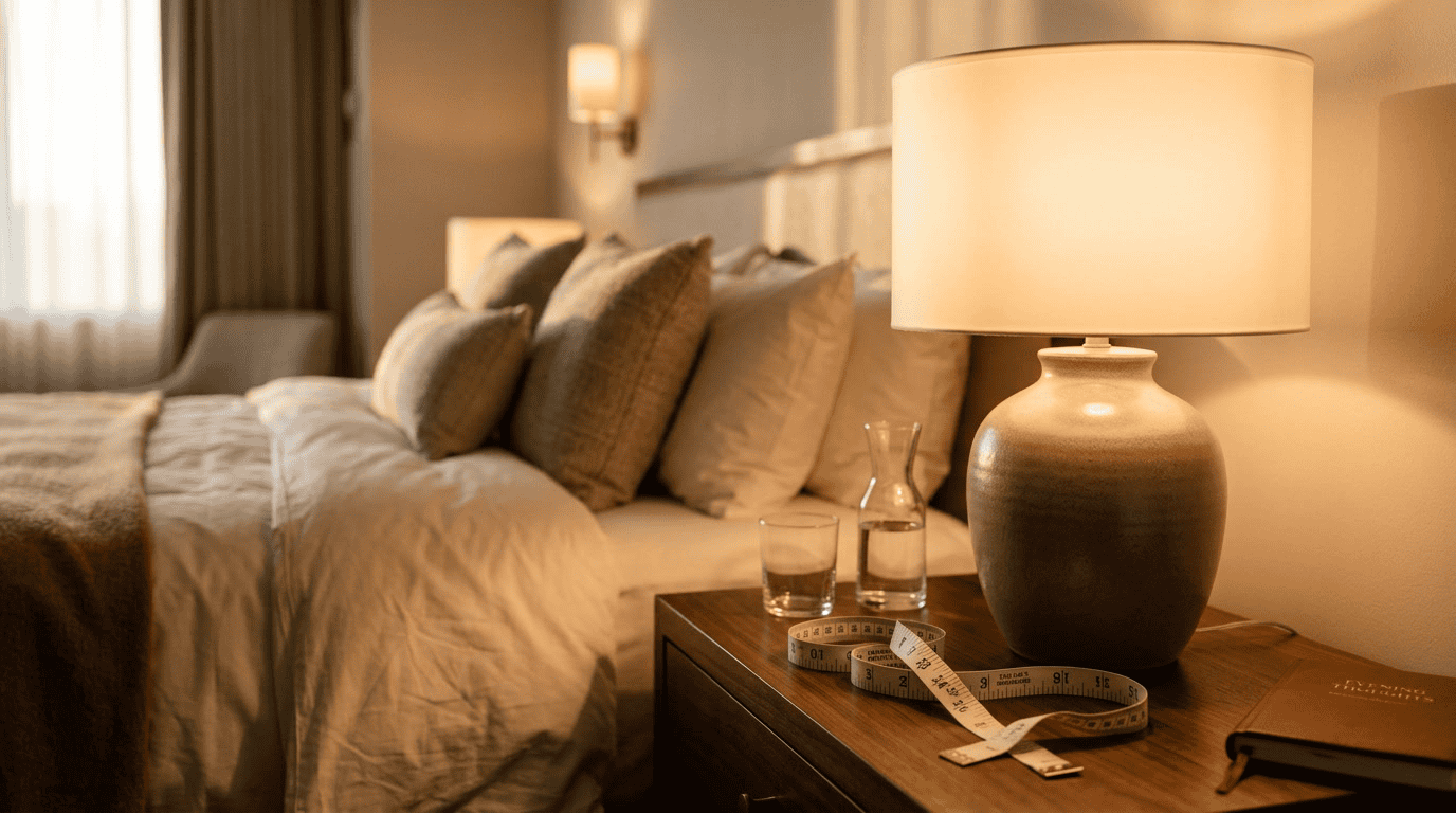 how to measure a lamp for a new lamp shade — correctly fitted frosted glass drum shade on a bedside table lamp with measuring tape relaxed alongside in warm-lit hotel-style bedroom