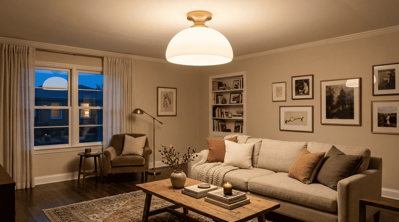 Glas-Deckenlampenschirm — warme Wohnzimmer-Abendszene mit halbaufgesetztem opalem Glas-Kuppelleuchte, die weiches 2700K warmes Licht ausstrahlt, perfekt zentriert an der Decke, gemütliches Wohnambiente