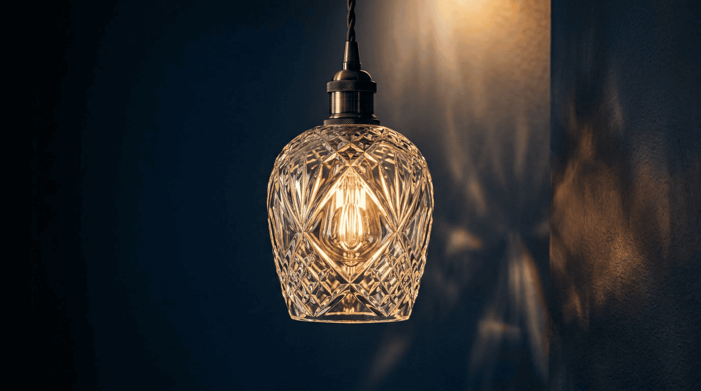 Pantalla de lámpara de vidrio elegante con patrones tallados intrincados, ideal para soluciones de iluminación con estilo.