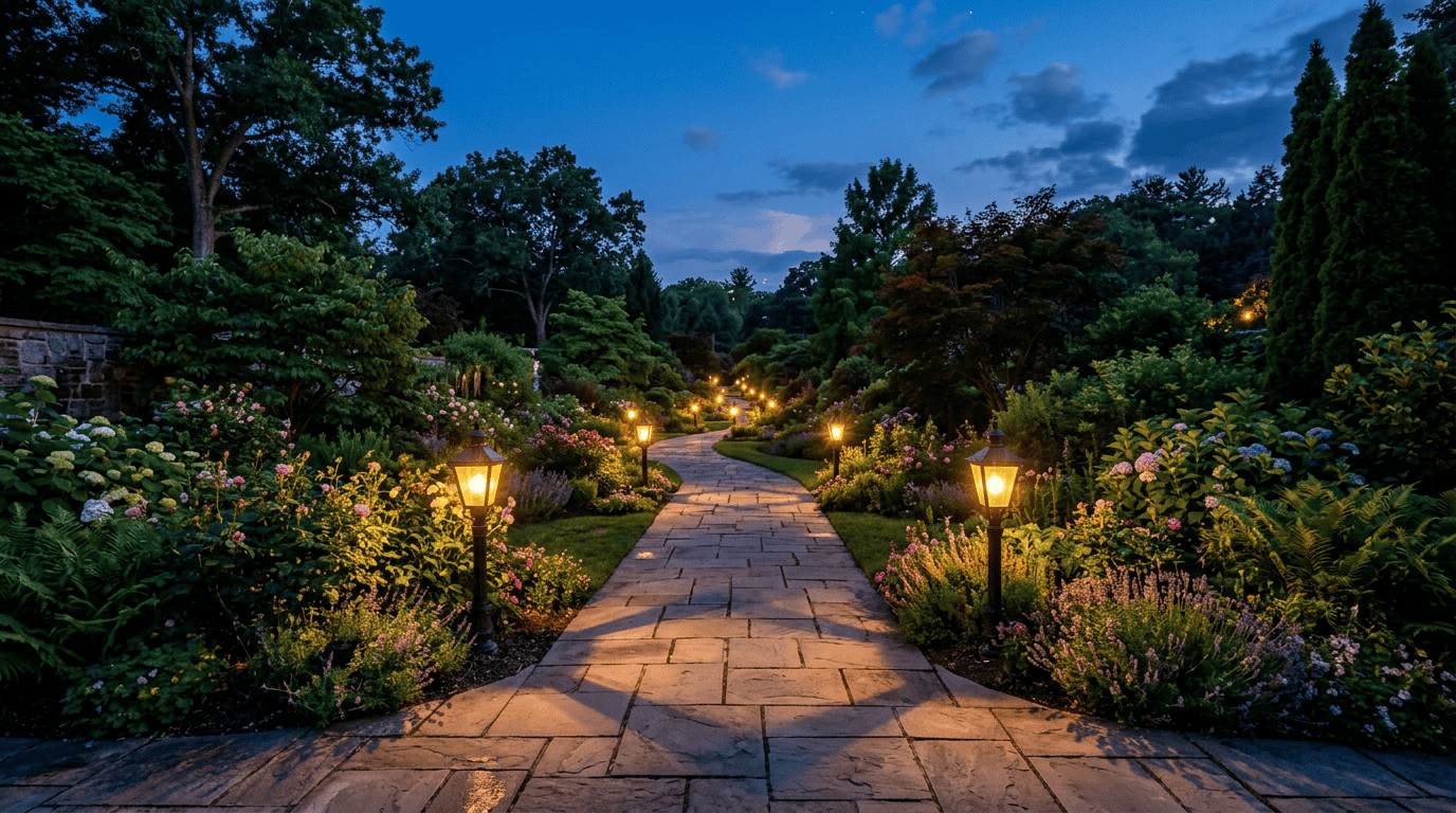 o que é uma cúpula de abajur externa — visual final mostrando caminho de jardim com cúpulas de abajur externas de qualidade iluminando suavemente ao entardecer