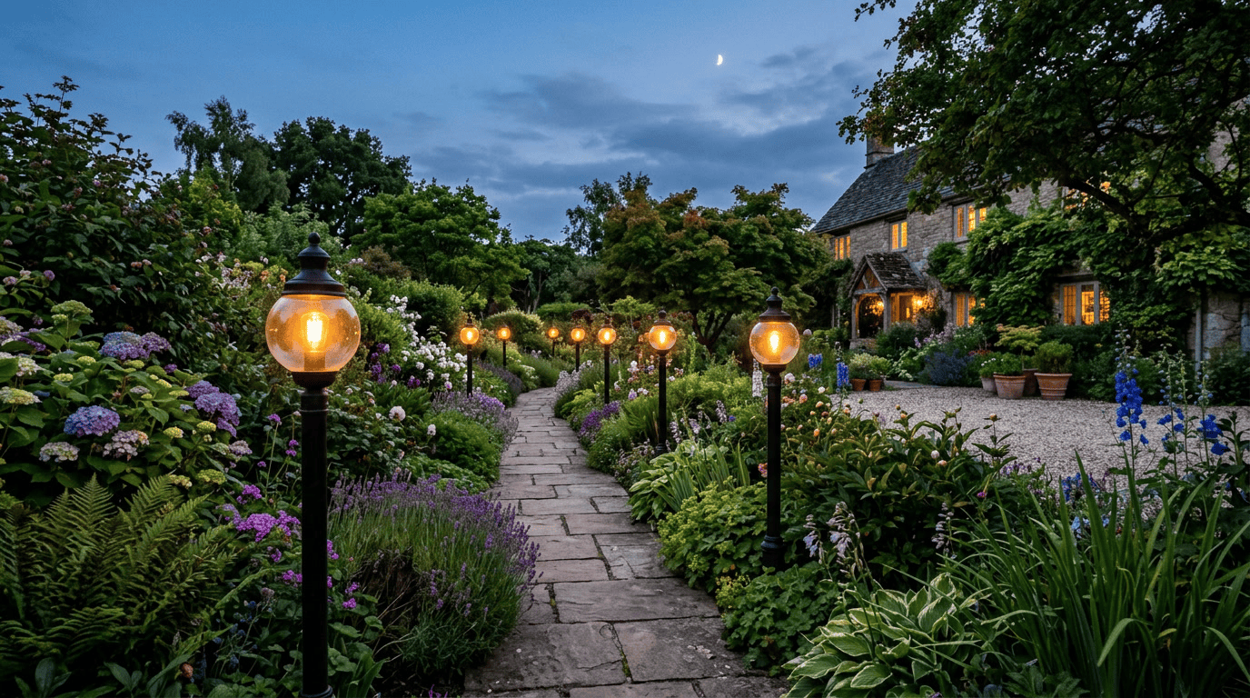 können Glaslampenschirme im Außenbereich verwendet werden – Abschlussbild mit einem Gartenweg im Freien und mehreren leuchtenden Borosilikat-Glasglobus-Leuchten in der Dämmerung, Editorial-Lifestyle-Fotografie, warmes Bernsteinlicht, Sony A7IV