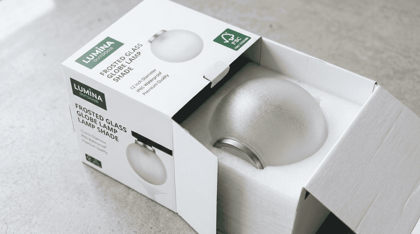 Verpackung für Außenglaslampenschirme – OEM-Marken-Farbverpackung mit FSC-Zertifizierungszeichen neben einem fertigen satinierten Außenglas-Globuslampenschirm, bereit für die Distribution