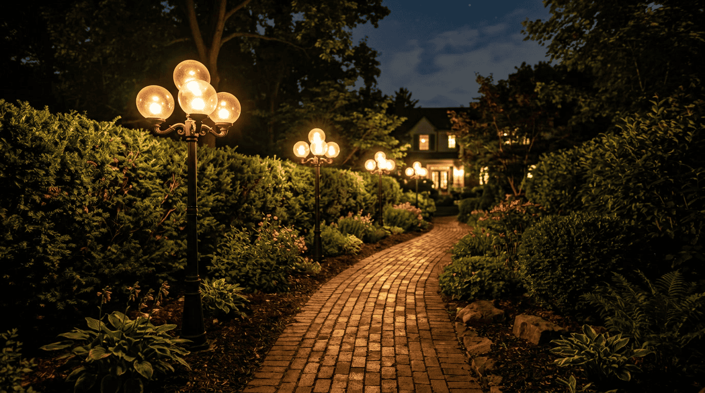 Bestes Glas für Gartenleuchten — Borosilikatglas-Kugelschirme auf schwarzen Mastaufsatz-Leuchten beleuchten nachts den gepflasterten Gartenweg mit einem warmen Lichtschein.
