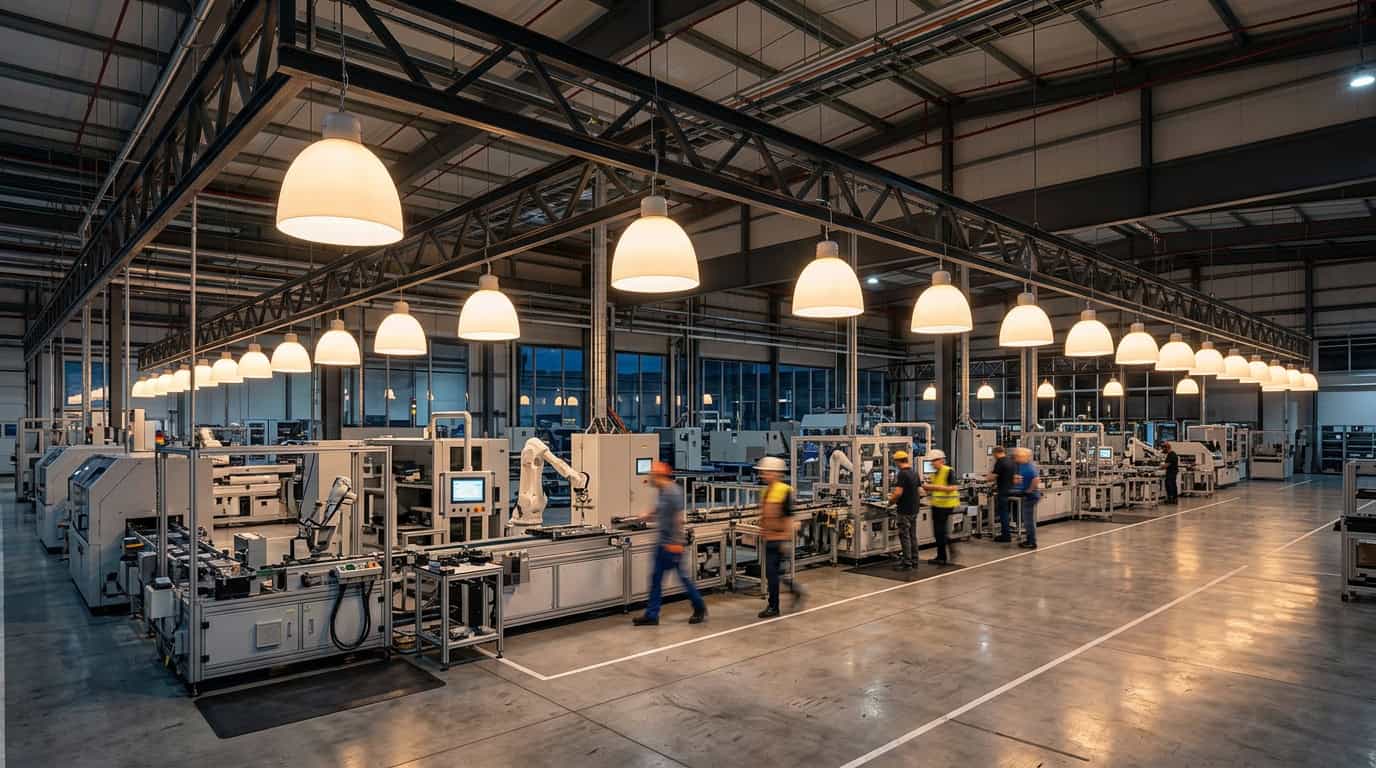 choose glass shades for technical lighting — row of industrial opal dome glass pendant shades installed in a modern factory facility with clean machinery and bright uniform illumination