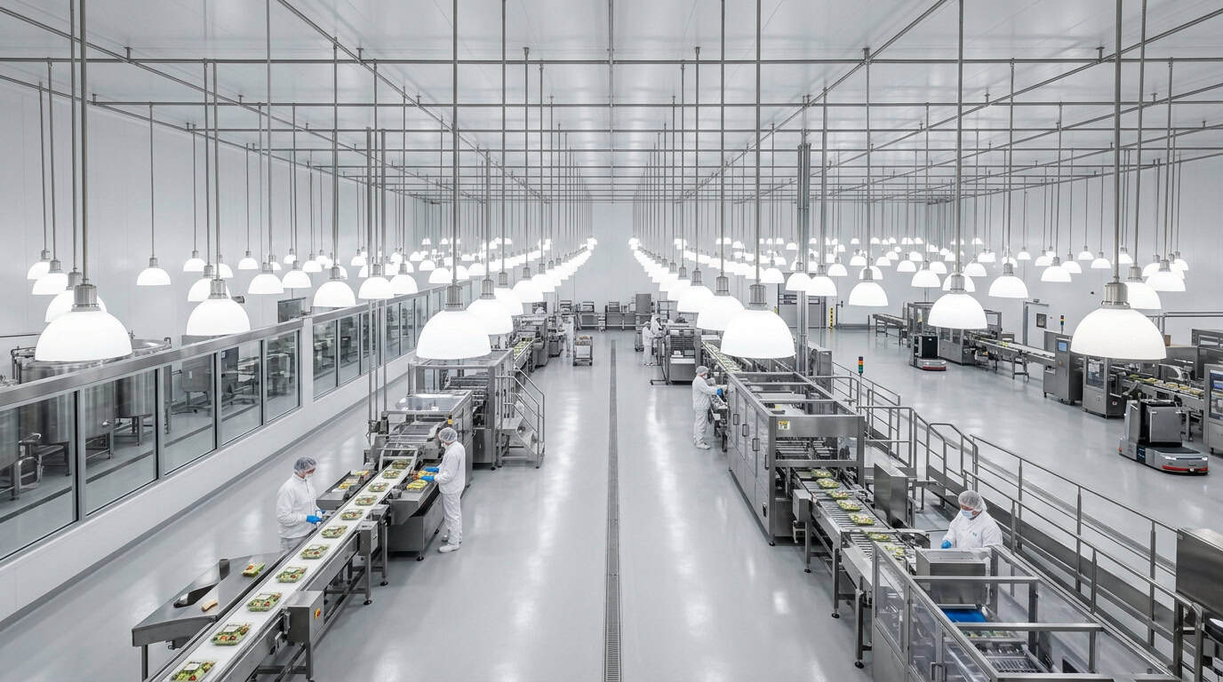 Modern glass lampshade production line in a high-tech factory setting.