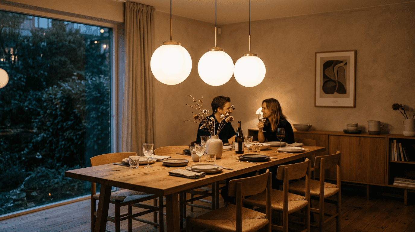 Modern living space featuring opal glass pendant lamp shades over a dining table with warm ambient lighting