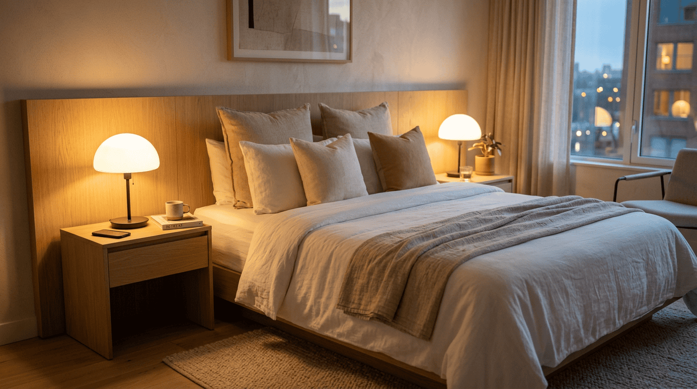 Modern hotel bedside scene with two opal glass lamp shade lamps on nightstands flanking a bed, warm ambient lighting, editorial interior photography