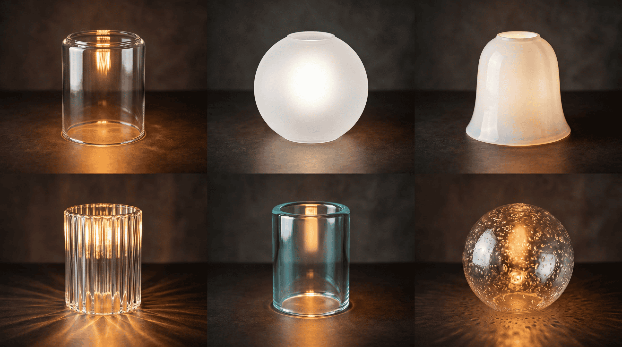 Engineering glass lampshade material options — clear, frosted, opal, ribbed, thick and borosilicate glass samples