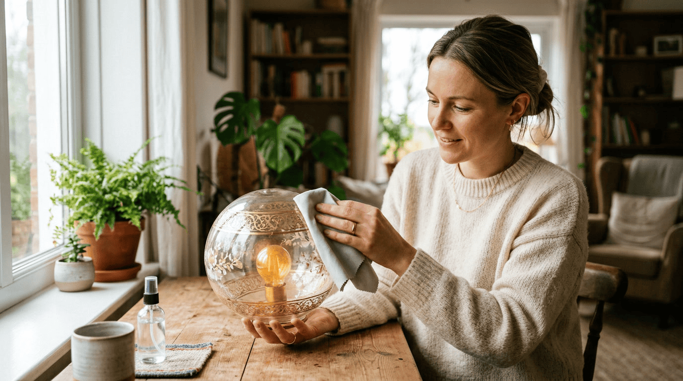 glassware breakage care guide — glass lampshade being cleaned gently with soft cloth, proper support technique demonstrated