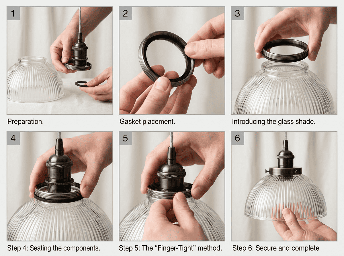 glassware breakage prevention — proper lampshade installation diagram showing rubber gasket placement, correct mounting torque, and wattage rating label
