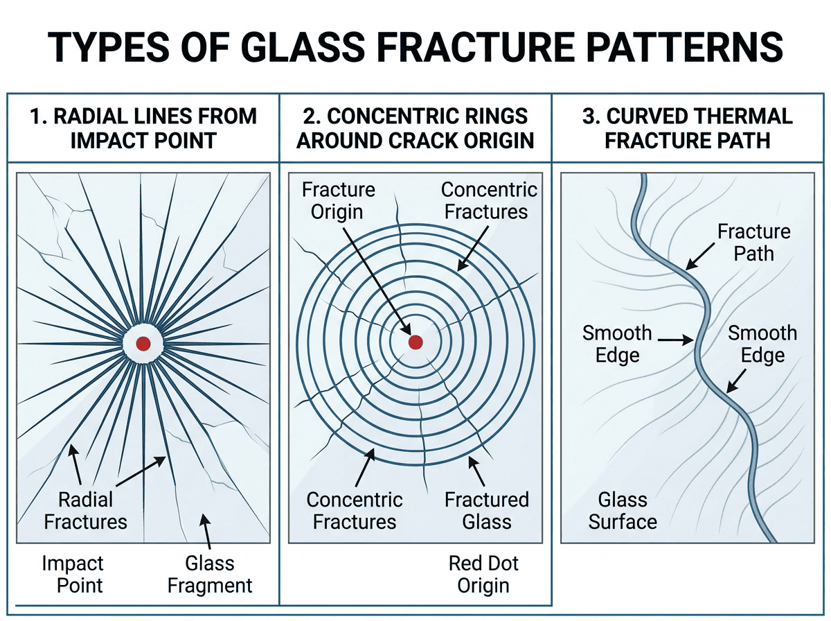glassware breakage fracture types — diagram showing radial, concentric, and thermal fracture patterns side by side with origin markers