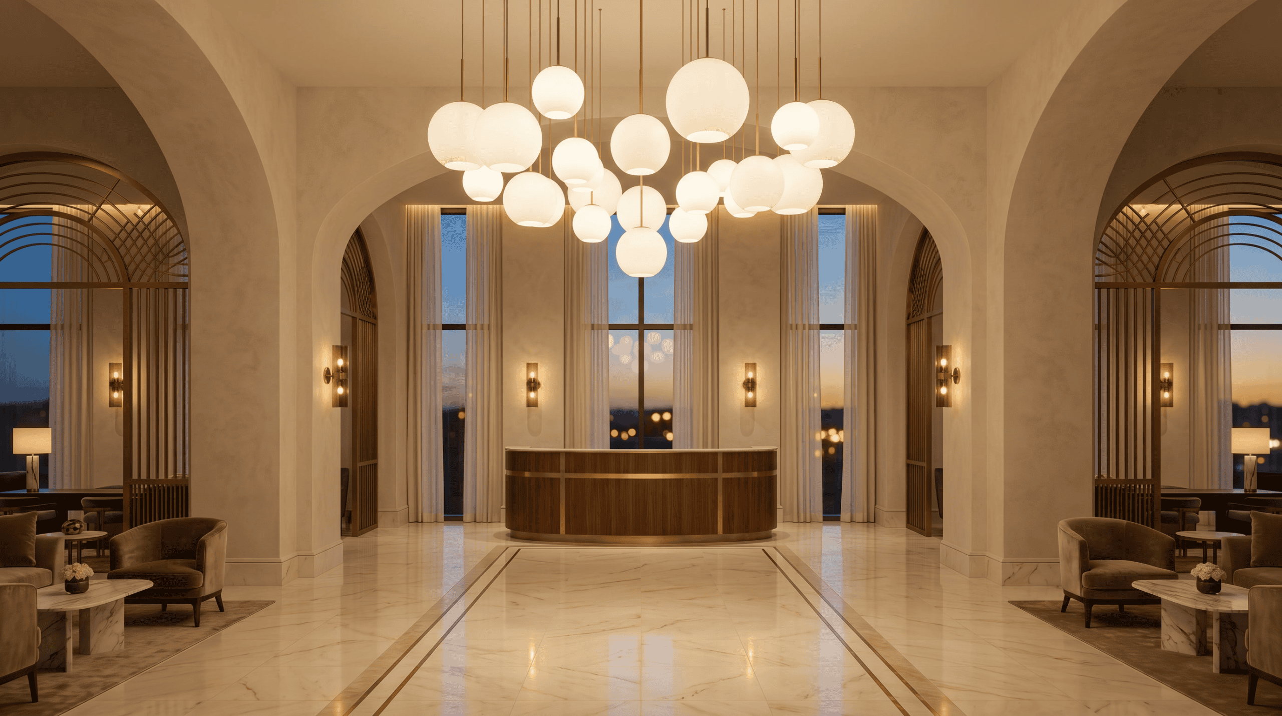 Glass lampshades for hotel projects — luxury hotel lobby with custom opal-glass cluster pendant chandelier