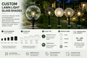 High-quality glass lampshades for outdoor lawn lighting fixtures. Custom sizes, various finishes, we.