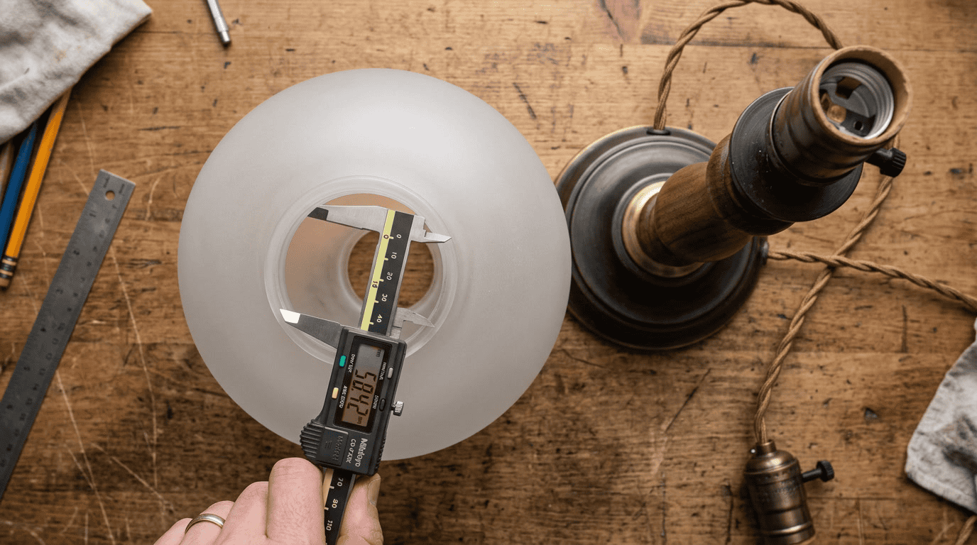 how to measure a replacement glass lamp shade — hero showing digital calipers measuring the fitter opening of a frosted glass globe beside a table lamp fixture