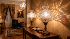 Elegant glass lampshades illuminating a luxurious living room with vintage decor and ornate lighting.