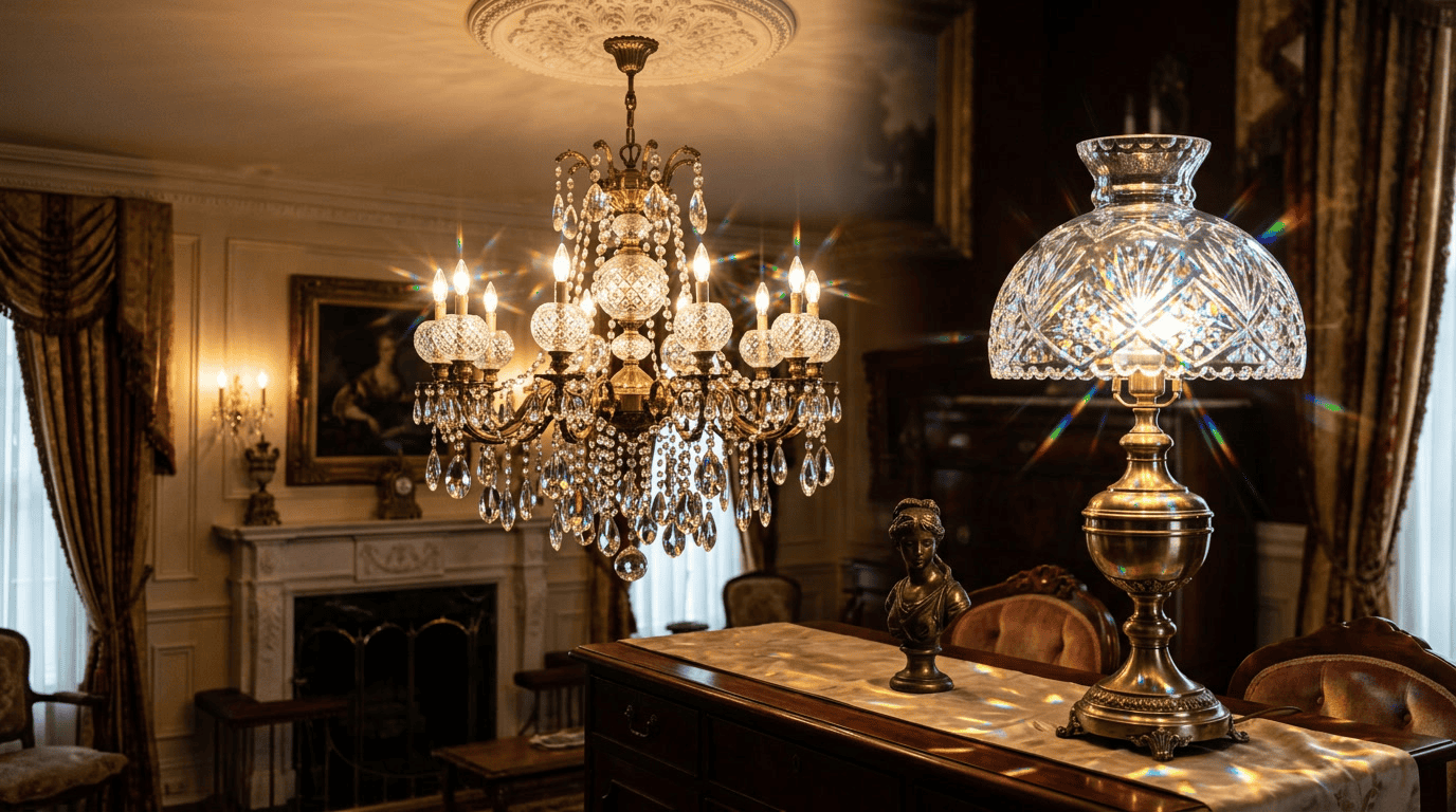 Beautiful glass lampshade illuminating a classic, elegant room with chandelier and vintage decor.