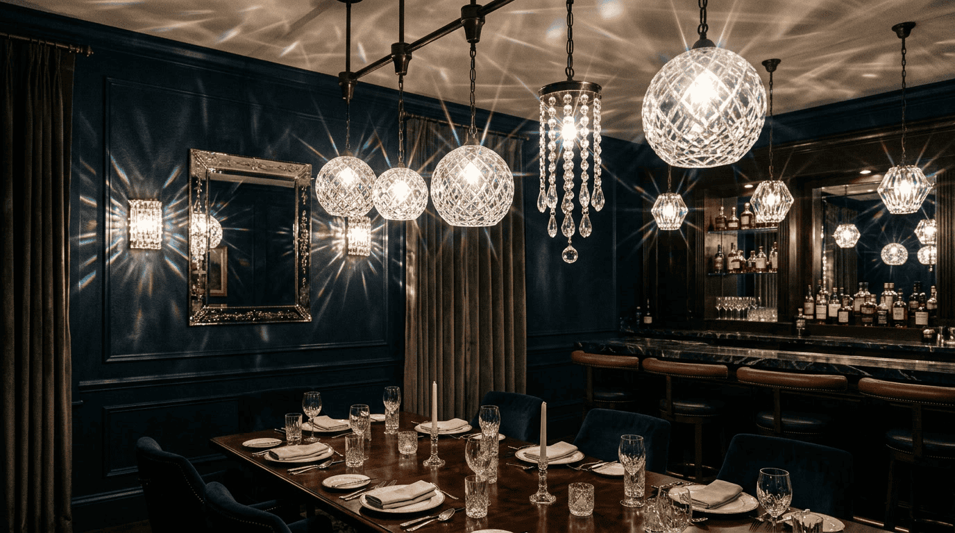 Elegant glass lampshades hanging in a luxurious dining room setting.