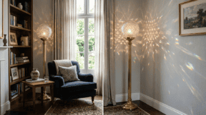 Eleganter Glaslampenschirm, der wunderschöne Lichtmuster in einem gemütlichen Wohnzimmer wirft.