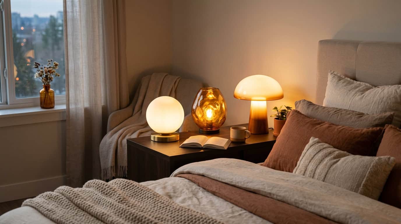 Elegant glass lampshade lighting for cozy bedroom ambiance.