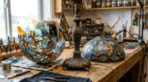 Abat-jour personnalisé en verre avec un motif coloré en vitrail pour des solutions d’éclairage décoratif.