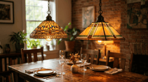 Suspensions en verre teinté suspendues au-dessus d’une table à manger, sublimant la décoration intérieure avec un travail artisanal.