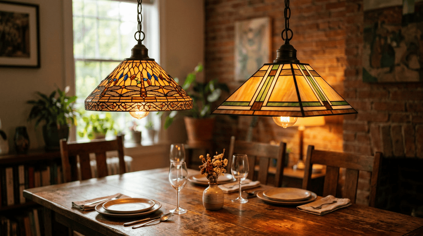 Luminárias pendentes de vidro colorido suspensas acima de uma mesa de jantar, valorizando a decoração interna com peças artesanais.