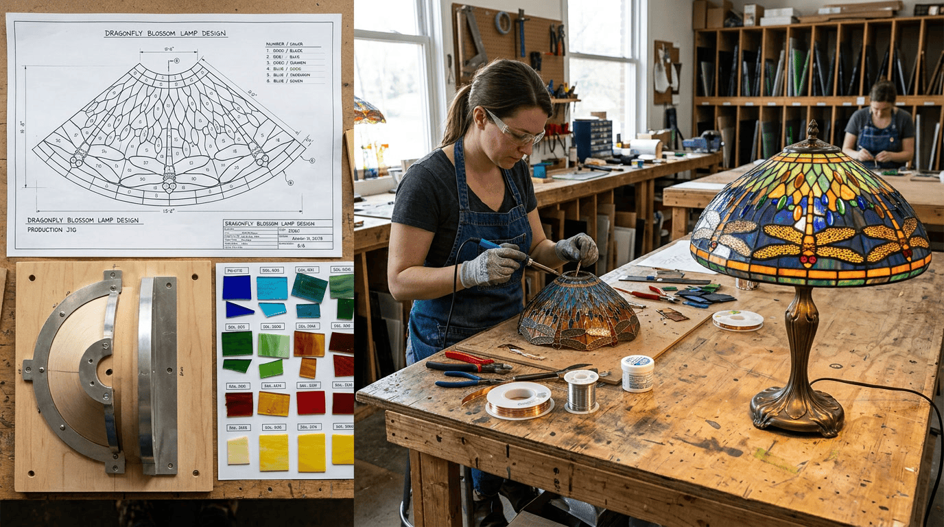 Processo de design e produção de abajures de vitrais personalizados — desenho de projeto, seleção de cores do vidro, montagem em folha de cobre, luminária finalizada