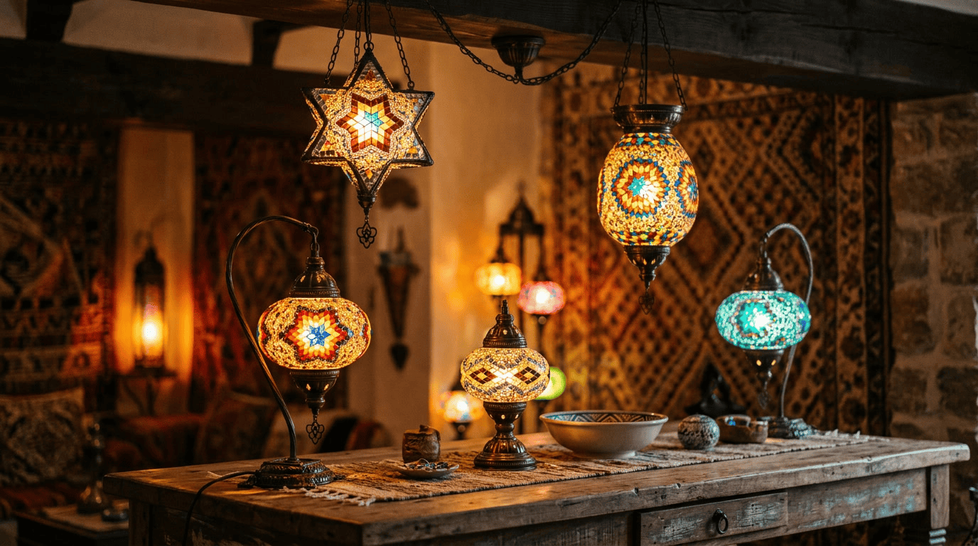 Pantallas de lámparas de vidrio mosaico con patrones geométricos mediterráneos e inspiración marroquí en luminarias de mesa y colgantes en interiores cálidos