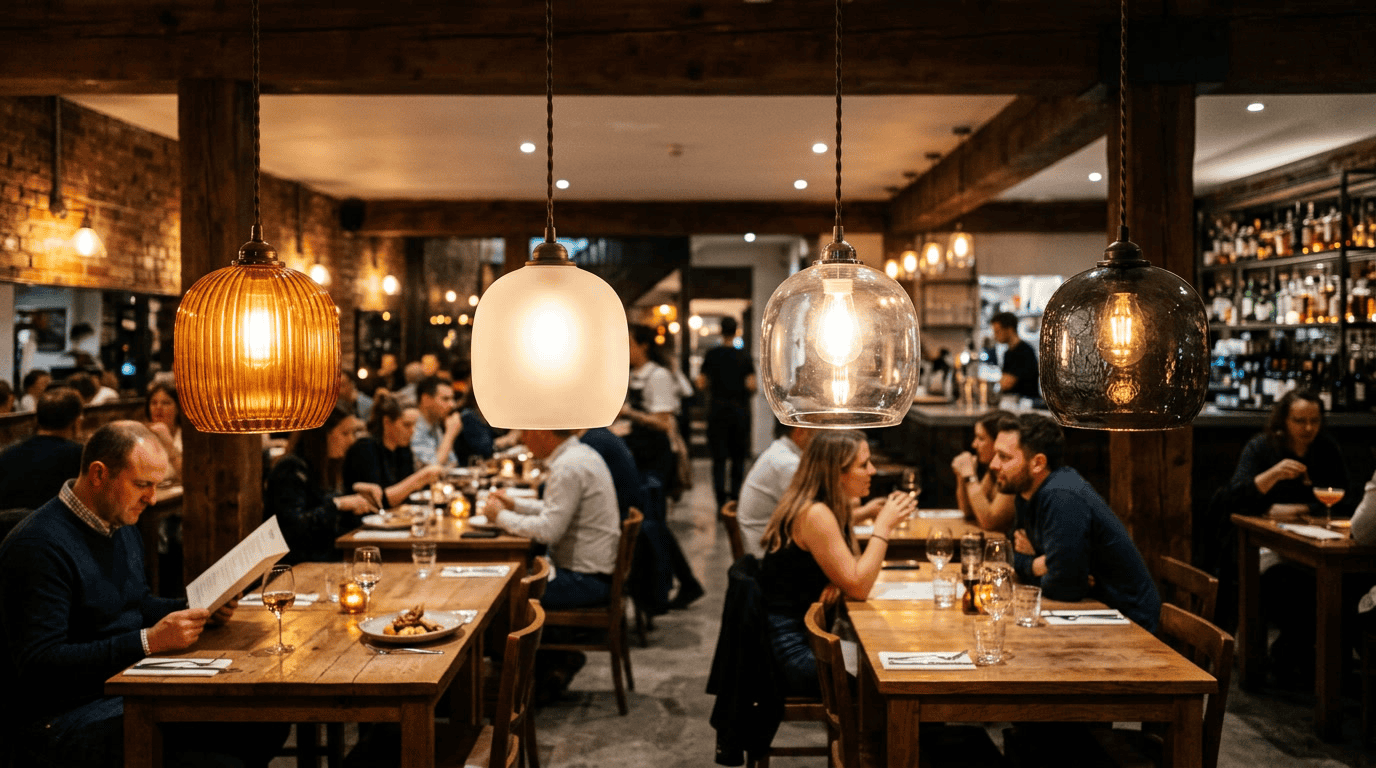 Elegant glass lampshades illuminate a lively restaurant interior, creating a warm and inviting atmos.