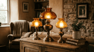 Vintage glass lampshades, handcrafted lighting fixtures, in warm amber tones for elegant home decor.