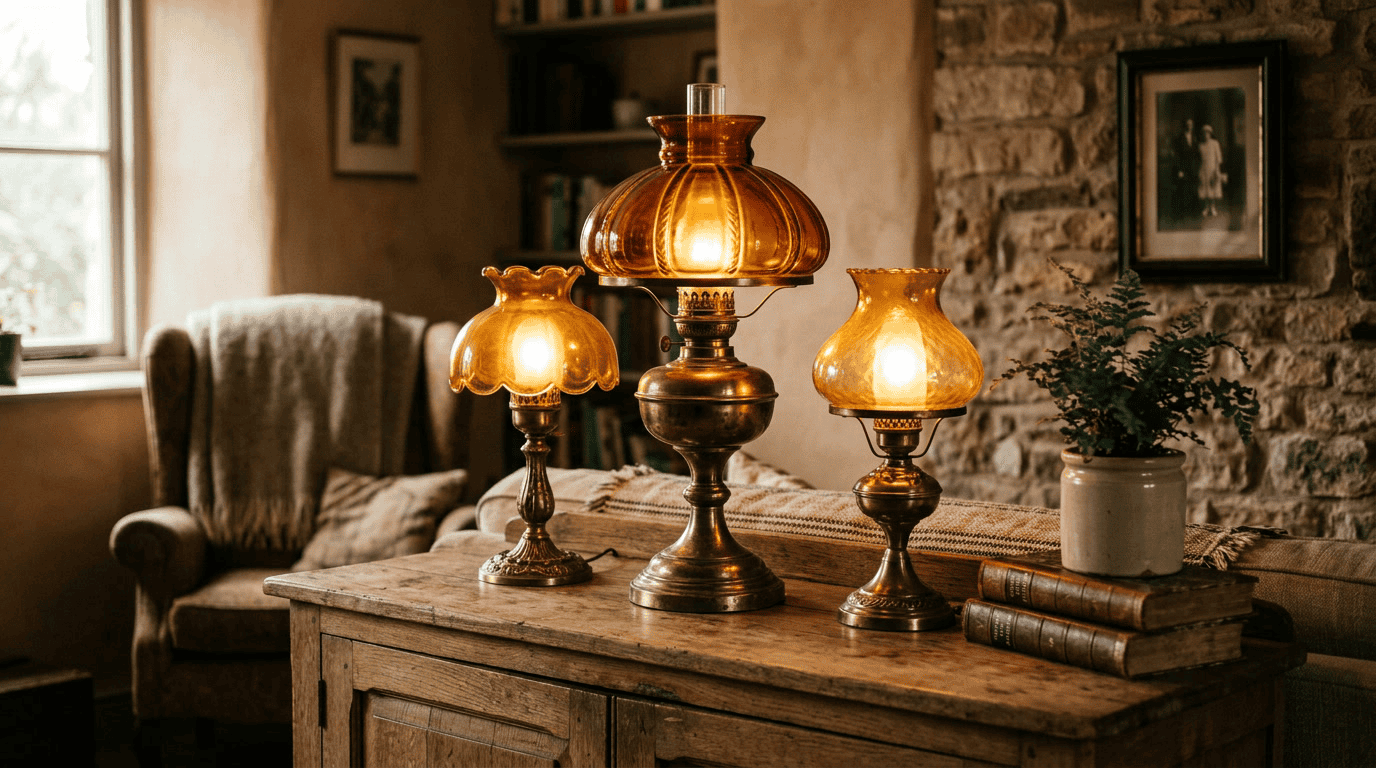 Abajures de vidro vintage, luminárias artesanais, em tons quentes de âmbar para uma decoração elegante.