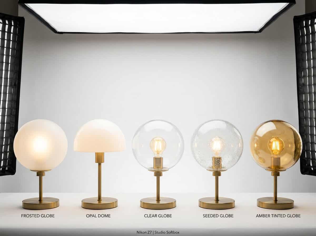 best glass lamp shade for table lamp — comparison of five glass shade types lit: frosted globe, opal dome, clear globe, seeded globe, amber tinted globe on identical table lamp bases