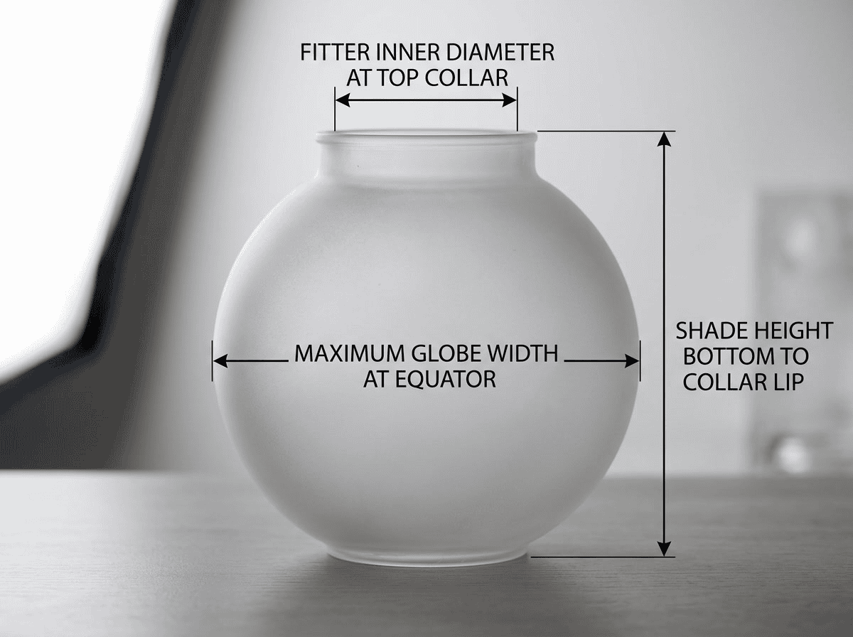 how to measure a replacement glass lamp shade — three measurement positions on a glass globe shade: fitter inner diameter, maximum globe width, and shade height