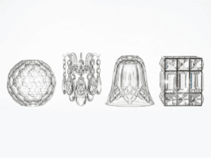 Elegant glass lampshades including a crystal ball, chandelier, and decorative shades for luxury ligh.