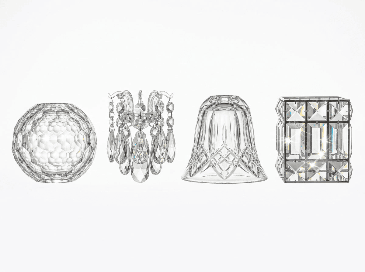 Elegant glass lampshades including a crystal ball, chandelier, and decorative shades for luxury ligh.