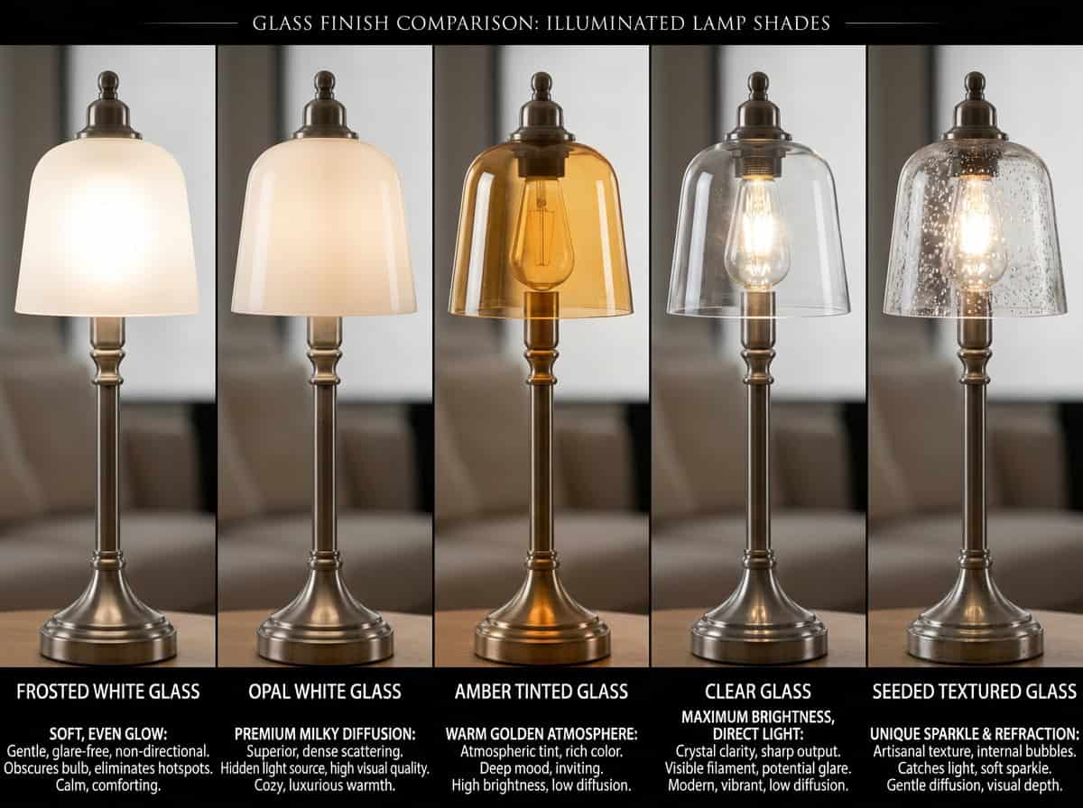 Bester Glasfinish für Schlafzimmerbeleuchtung – Vergleichstabelle der Glasfinishes zeigt mattiertes, opal, klares, bernsteinfarbenes und strukturiertes Glaslampenschirme mit Lichtqualitätsindikatoren für den Schlafzimmergebrauch.