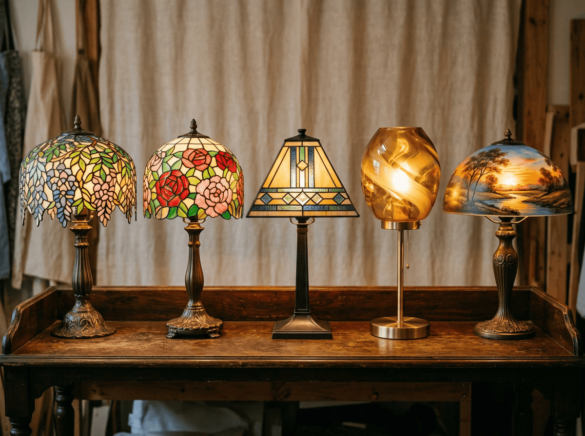 Cinco tipos de cúpulas de abajur de mesa em vidro colorido: floral estilo Tiffany em folha de cobre, geométrico em chumbo, vidro colorido de peça única, pintado ao reverso, reprodução em resina
