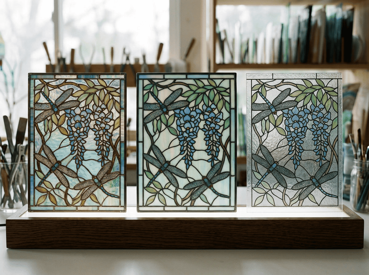 Three replacement quality levels for Tiffany-style lamp shades: copper foil handmade, quality resin, single-piece colored glass decorative