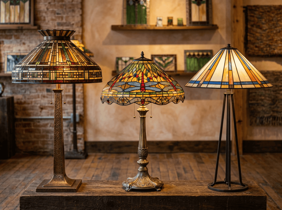 Três estilos de cúpulas de vitral para luminária de chão: sino grande geométrico Mission, cúpula larga com libélula Arts and Crafts, sino grande estilo Tiffany com peônias